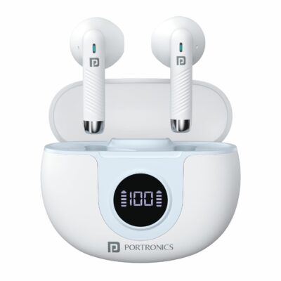 Portronics Harmonics Twins S8 True Wireless in Ear Earbuds with 30Hrs Playtime, Digital Display, BT V5.3, 13mm Dynamic Drivers, IPX4, Voice Assistant, Rapid Charging, Type C Port(White)